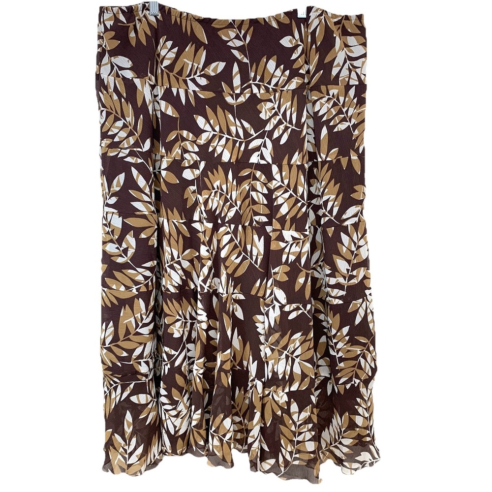 Hearts of Palm Tiered Maxi Skirt 22W Pull On Brown Floral Print Flowy Lined